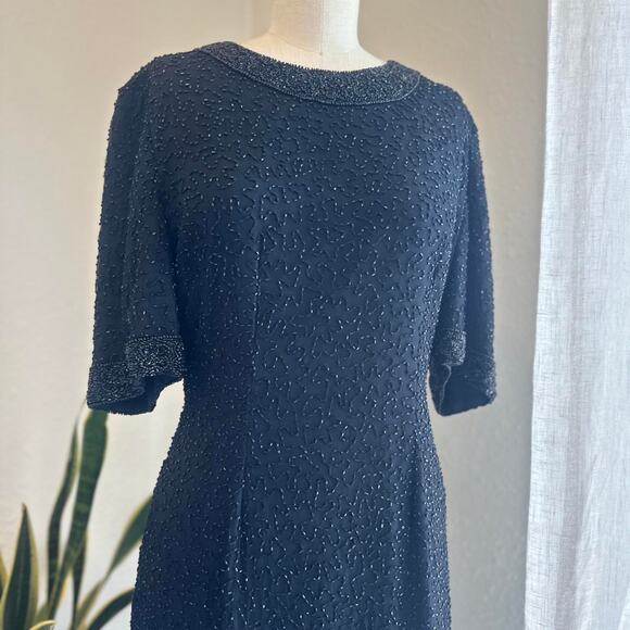 Mark & John by Gopal Women’s Medium Dress Black Beaded Short Sleeve 80s Cocktail - Picture 2 of 4